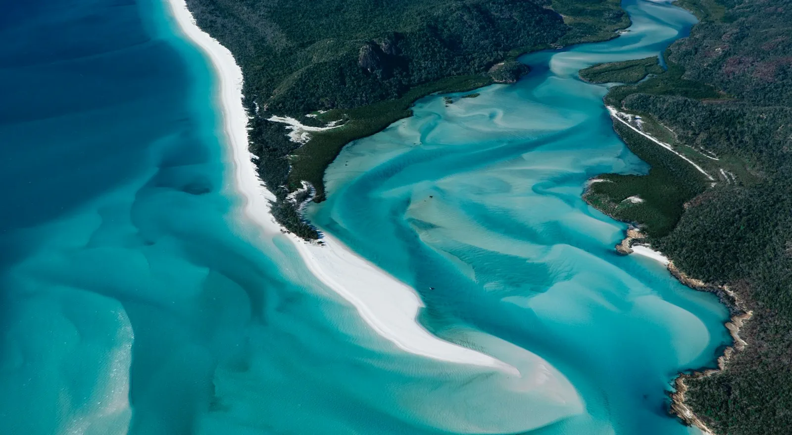 Aerial view of Whitehaven Beach and the sandbars at Hill Inlet in the Whitsundays